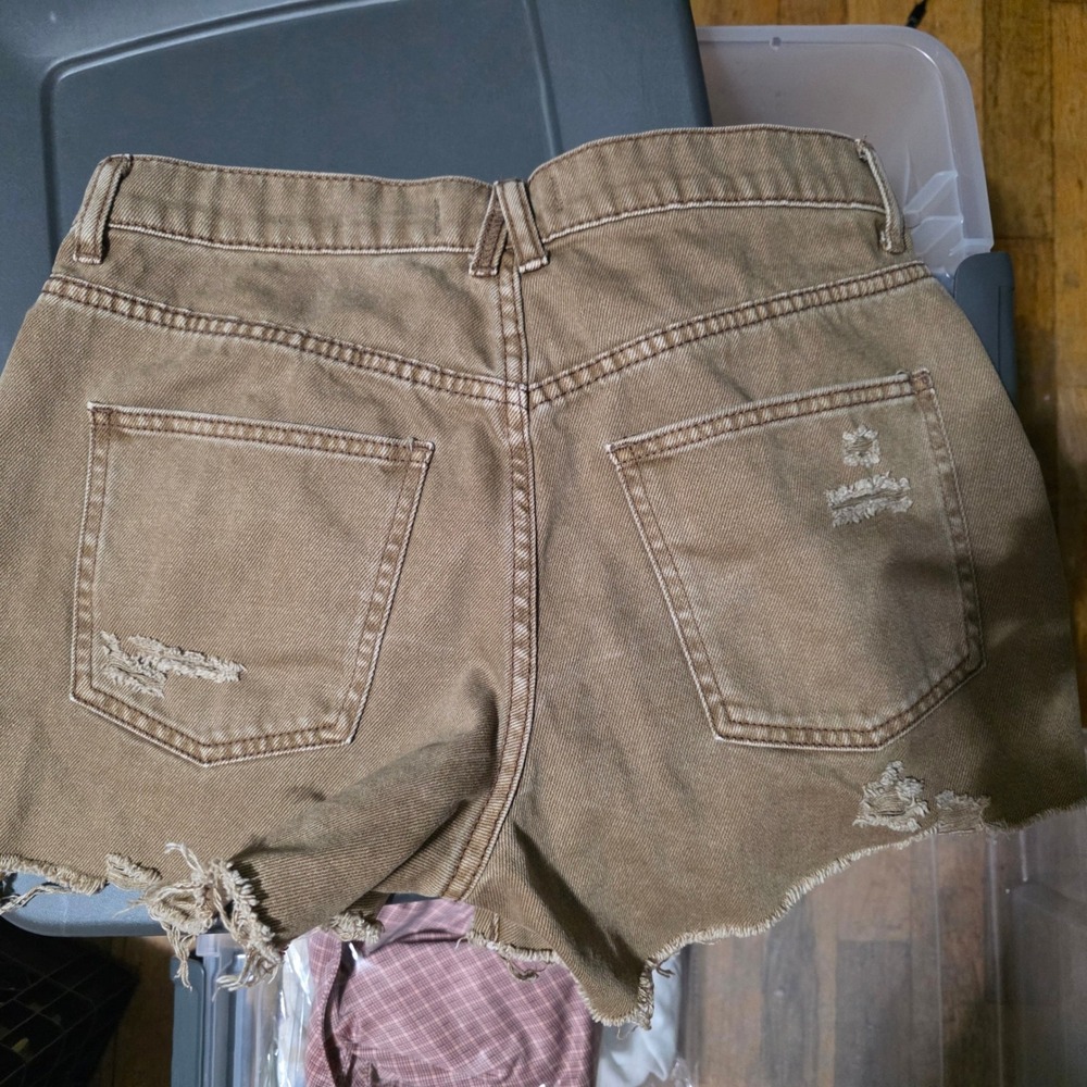 We The Free Free People Distressed Denim Shorts Tan Brown Button Fly Size 29 - Picture 2 of 12